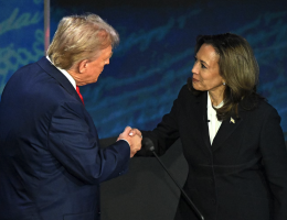 Vice President and Democratic presidential candidate Kamala Harris (R) shakes hands with former President and Republican presidential candidate Donald Trump during an ABC News presidential debate in Philadelphia, on Sept. 10, 2024. (Photo: Saul Loeb/AFP)